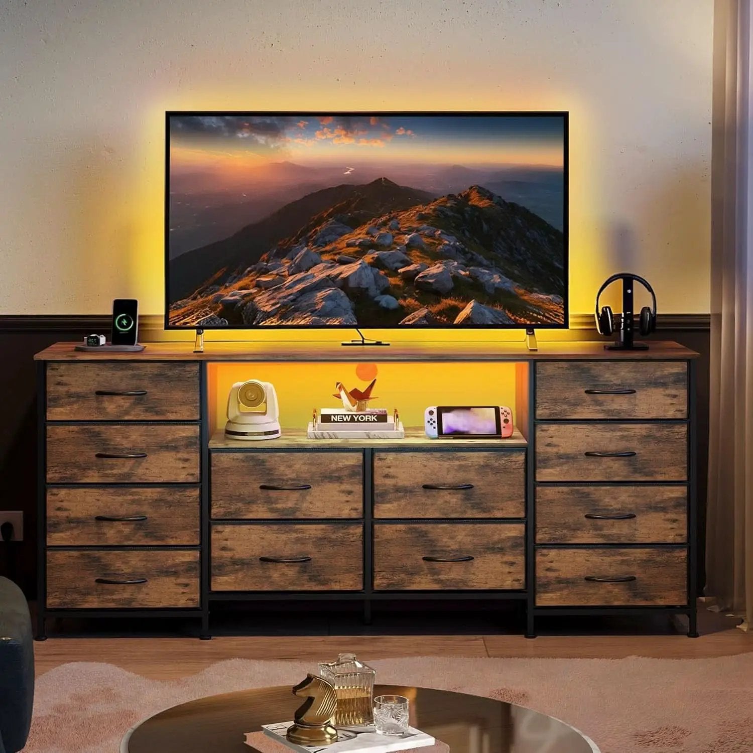 Twelve Drawer Dresser LED TV Stand Rustic Brown Finish from PriceLows™