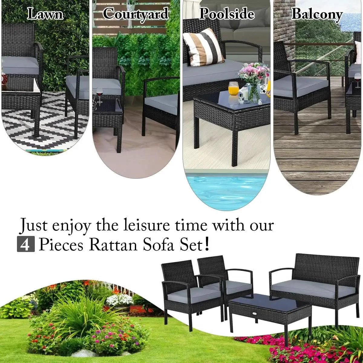 4 Piece Patio Rattan Furniture Set With Glass Coffee Table from PriceLows™