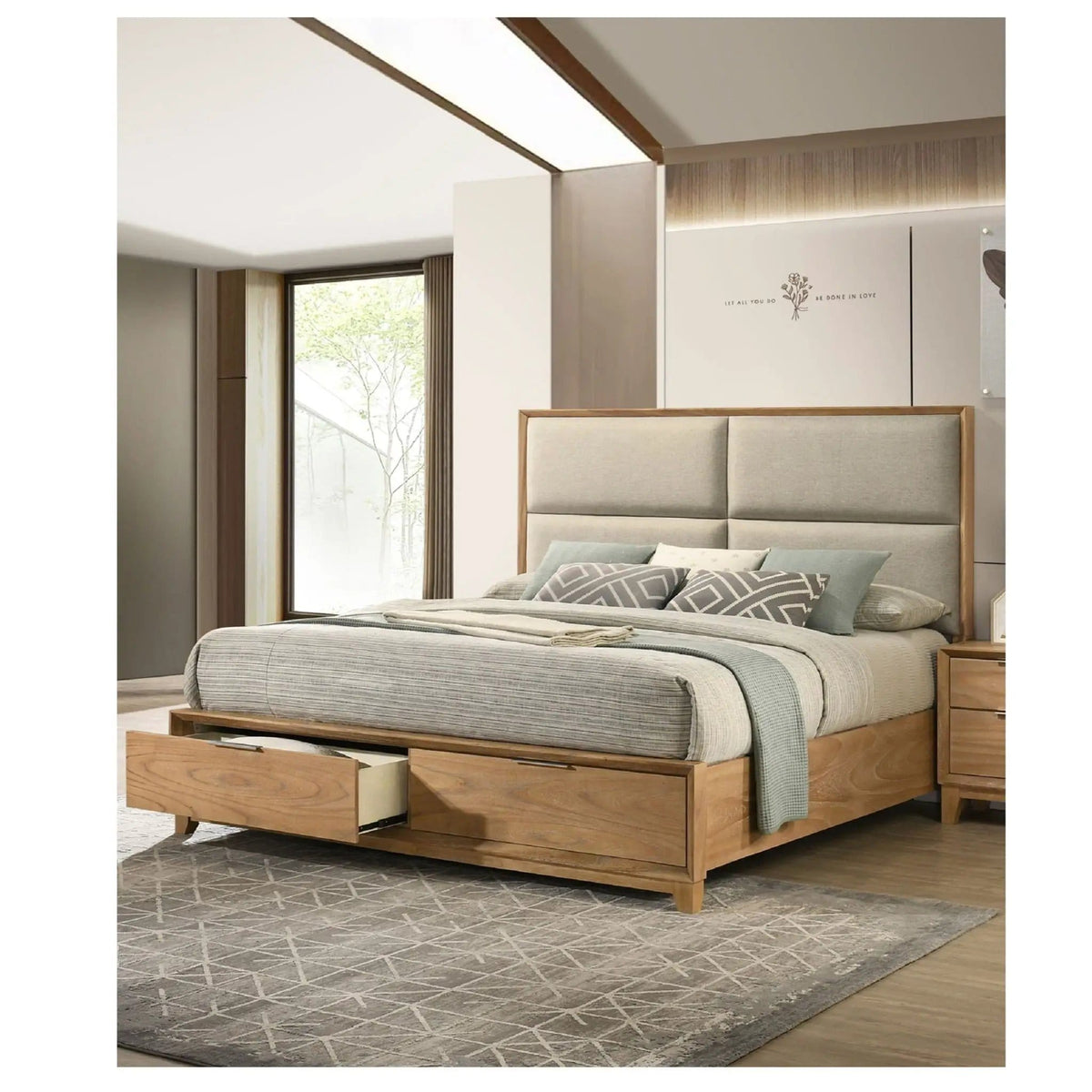 Contemporary Storage Platform Bed With Ultra Plush Headboard | 2 Pieces | Fabric & Wood | Bedroom