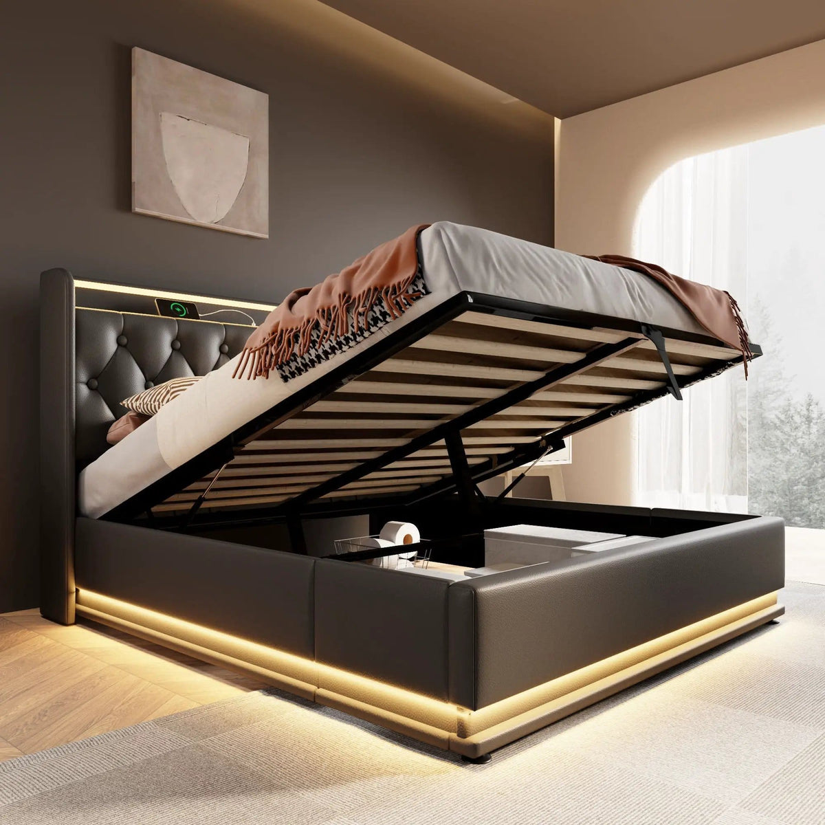 Upholstered Bed, 360 Surround LED Function, Remote Control, Hydraulic Storage Bed | 8 Pieces | Fabric & Iron | Bedroom