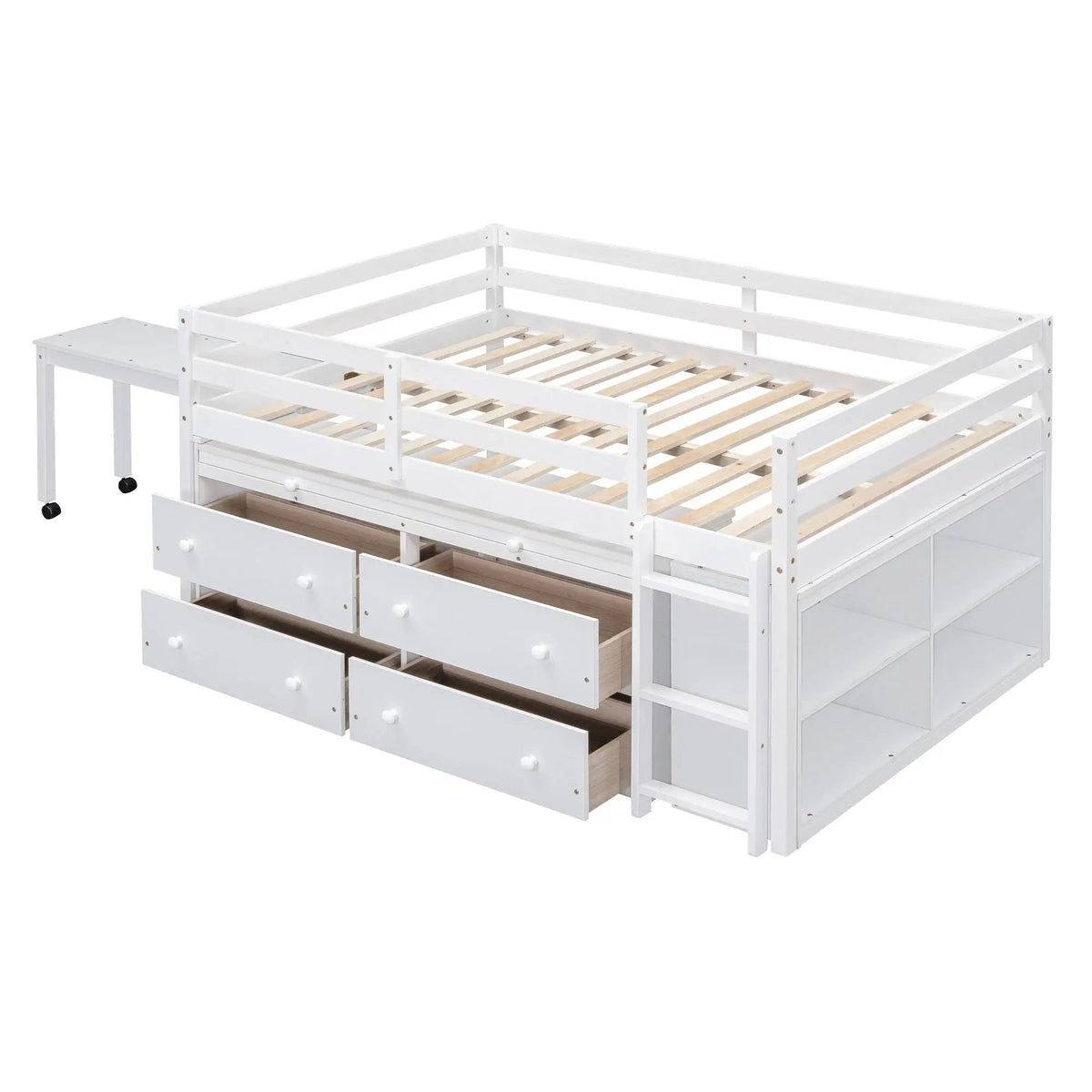 Loft Bed With Retractable Desk | 4 Front Drawers | Lateral Portable Desk | Side Shelves