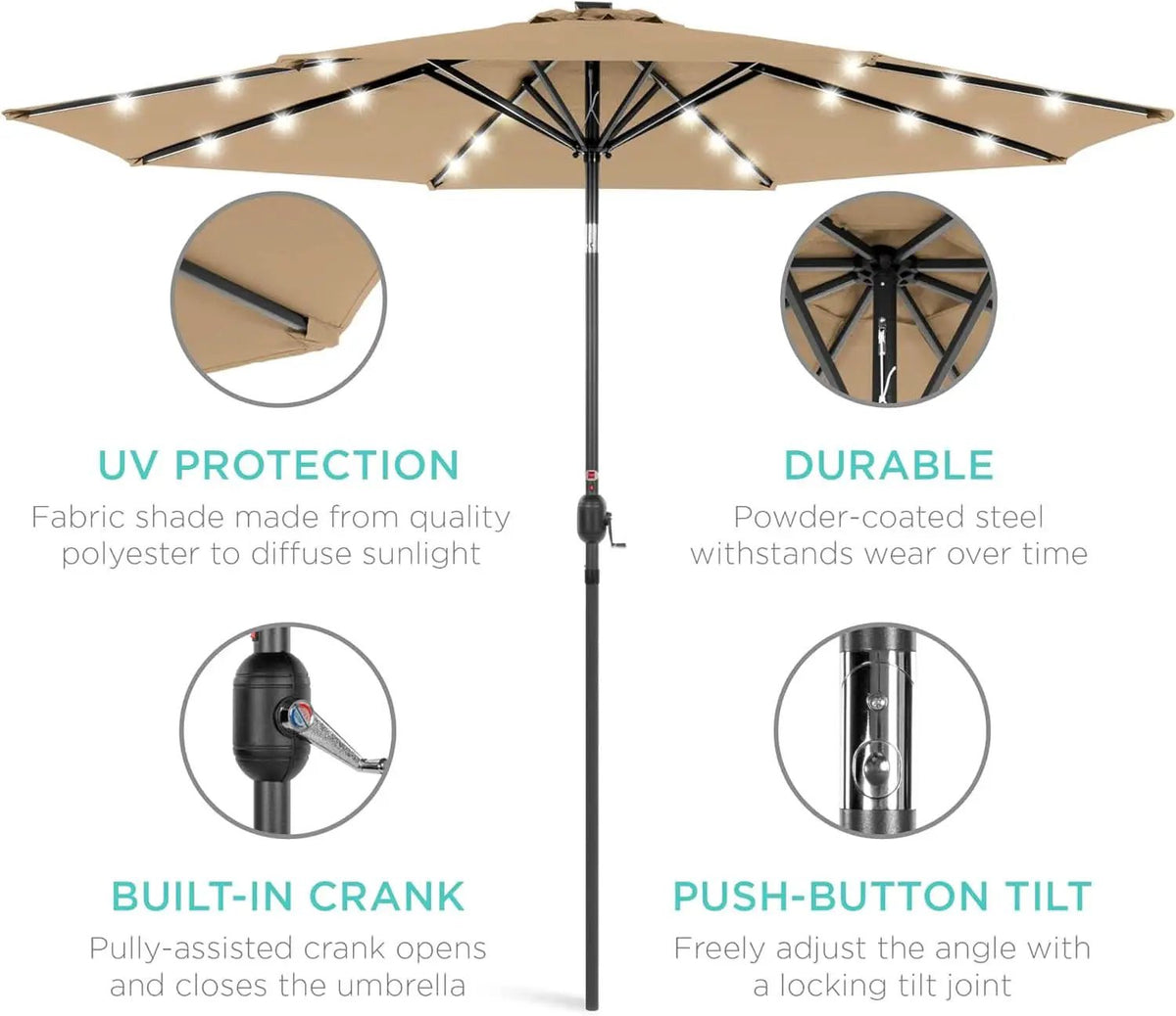 10 Ft Solar LED Patio Umbrella With Tilt Adjustment And UV Resistant Fabric All Weather Use from PriceLows™