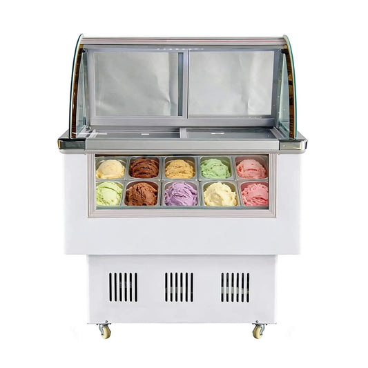 10-Pan 220V Commercial Gelato Display Freezer With LED Lighting | 220 Volt | Tempered Glass | Home