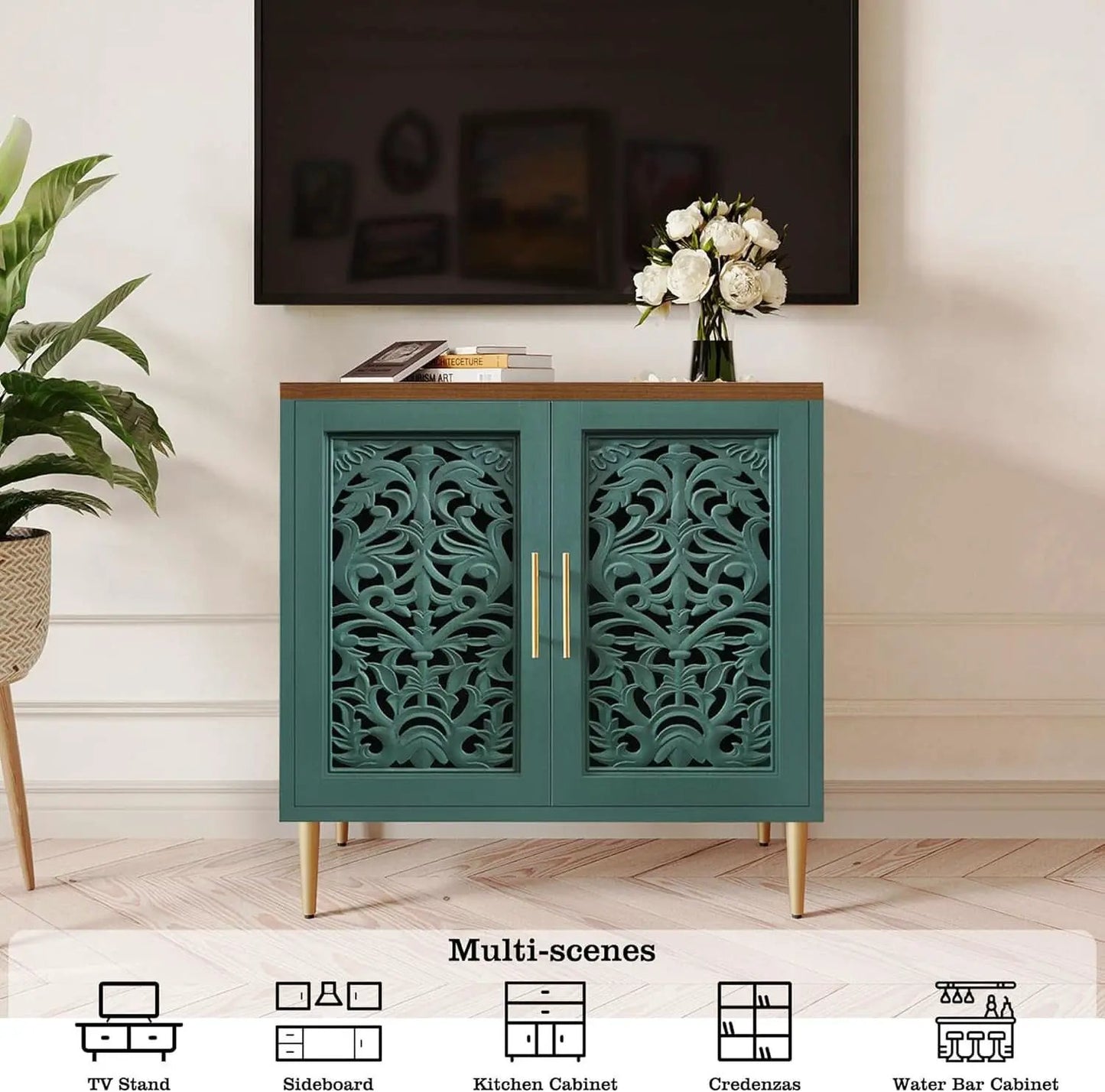Green Accent Cabinet Carved Storage Vintage Furniture