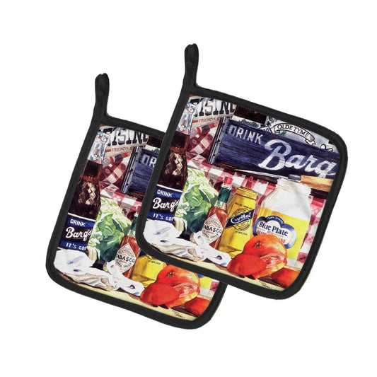 Pot Holder Set of 2 | Heat Resistant Quilted Hot Pads | 7.5 x 7.5 Inch | Blue Plate Mayonaise, Barq's and a tomato sandwich