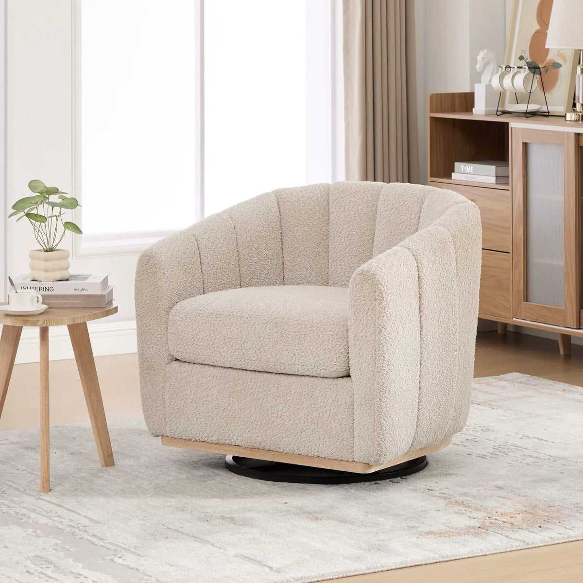 Swivel Upholstered Barrel Chair With Metal Base | Swivel Chair | Fabric & Iron | Home