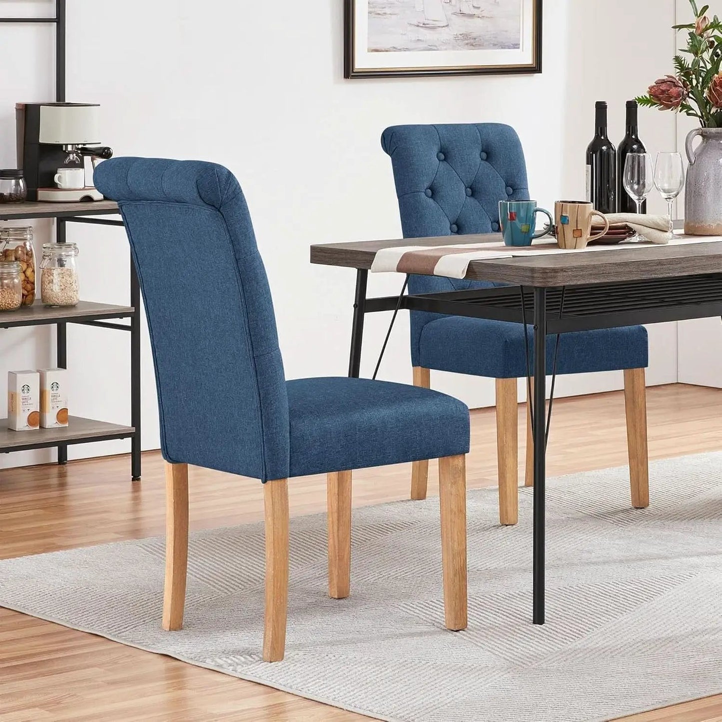 Blue Button Tufted Dining Chairs Set Of 2 With Solid Wood Legs from PriceLows™