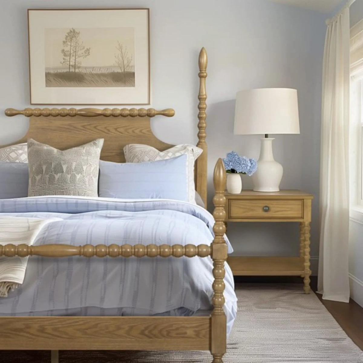 Traditional Nightstand Table | Solid Wood Frame | Drawer And Shelf | Turned Legs