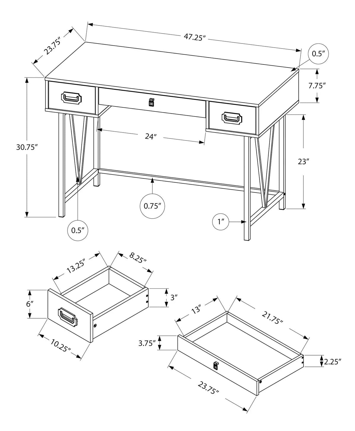 Transitional Computer Desk | Thick Paneled Design | Two Side Drawers | Metal Glides