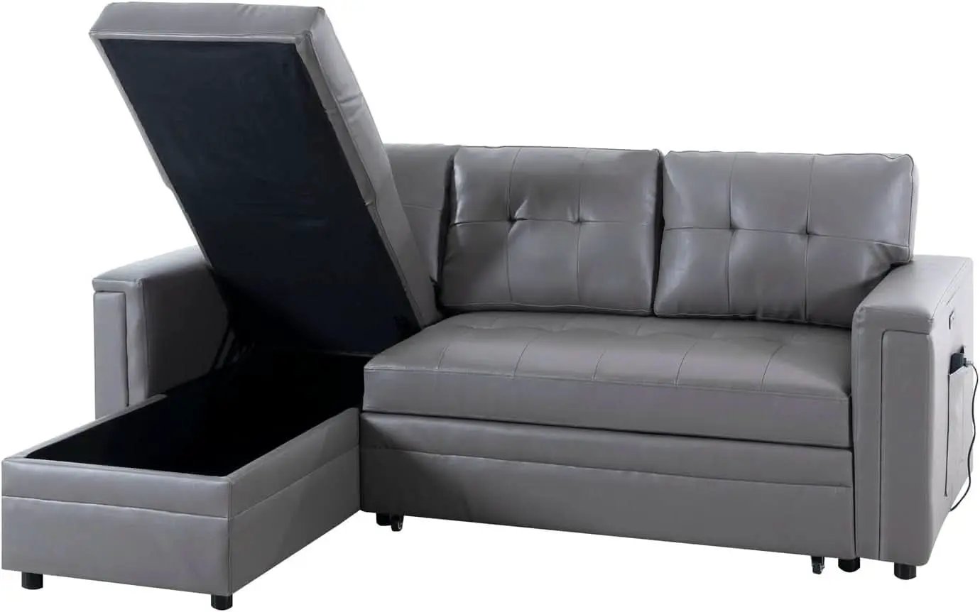 L Shaped Sectional Sleeper Sofa With USB Ports Gray Leather from PriceLows™