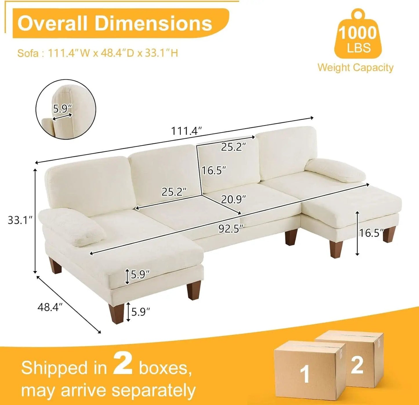 U Shape Sectional Sofa 111 Inch Beige Chenille Convertible from PriceLows™