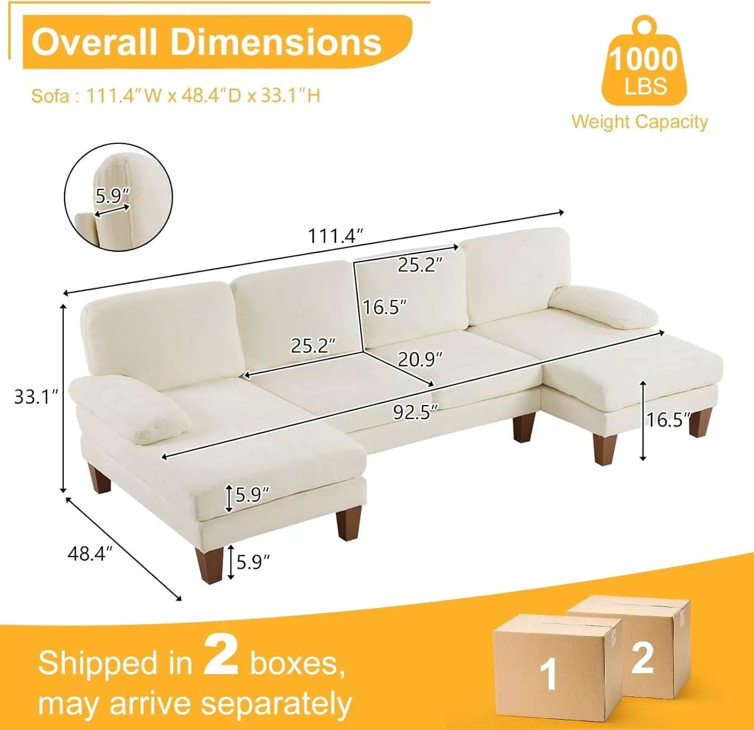 U Shape Sectional Sofa 111 Inch Beige Chenille Convertible from PriceLows™