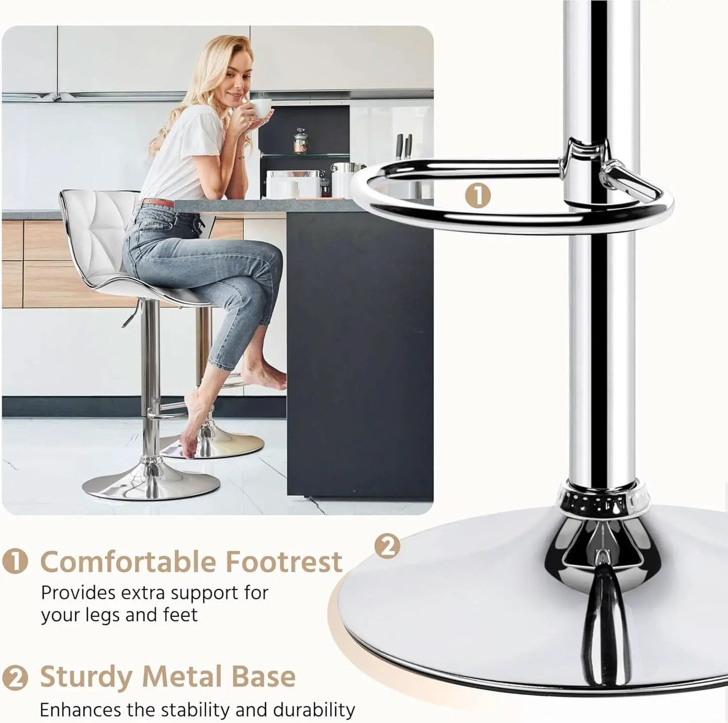 Bar Stools Set Of 2 White PU Leather Adjustable Swivel from PriceLows™