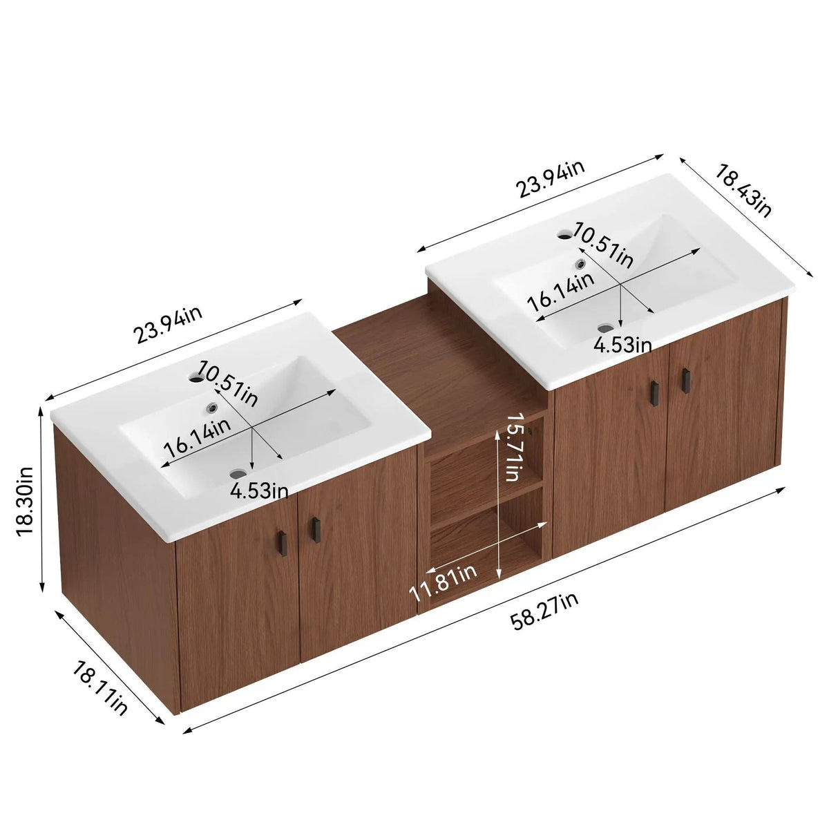 Soft Close Doors Bathroom Vanity With Small Storage Shelves, 24" And 12" Combination | 24 Inch | Mdf & Resin | Brown