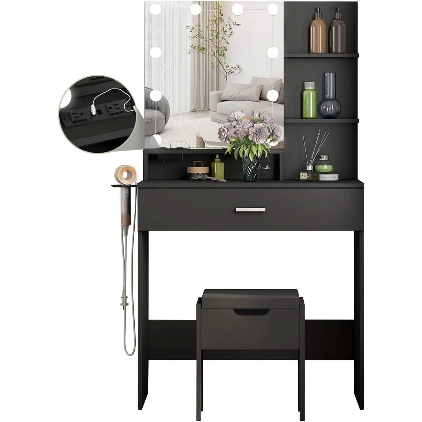 Black Makeup Vanity Table With Lighted Mirror And USB Ports from PriceLows™