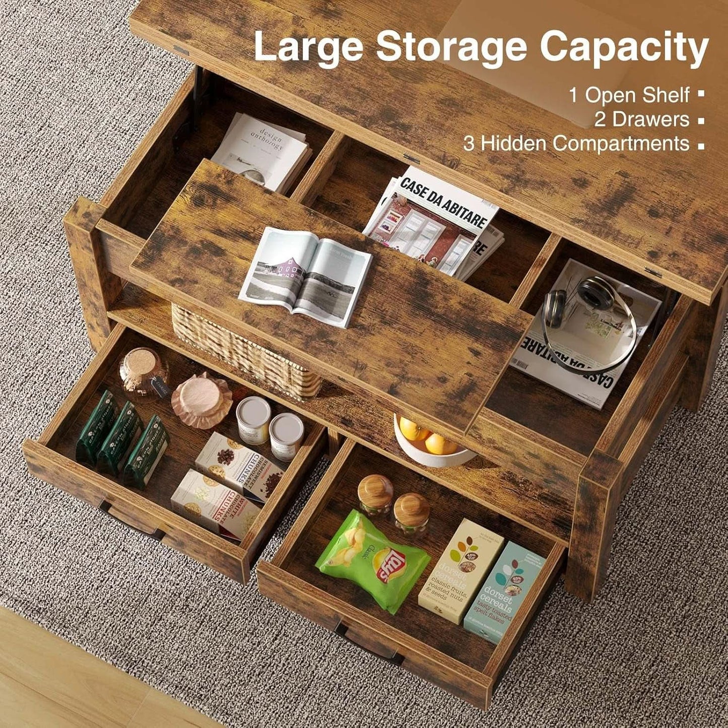 Rustic Brown Lift Top Coffee Table With Hidden Storage from PriceLows™