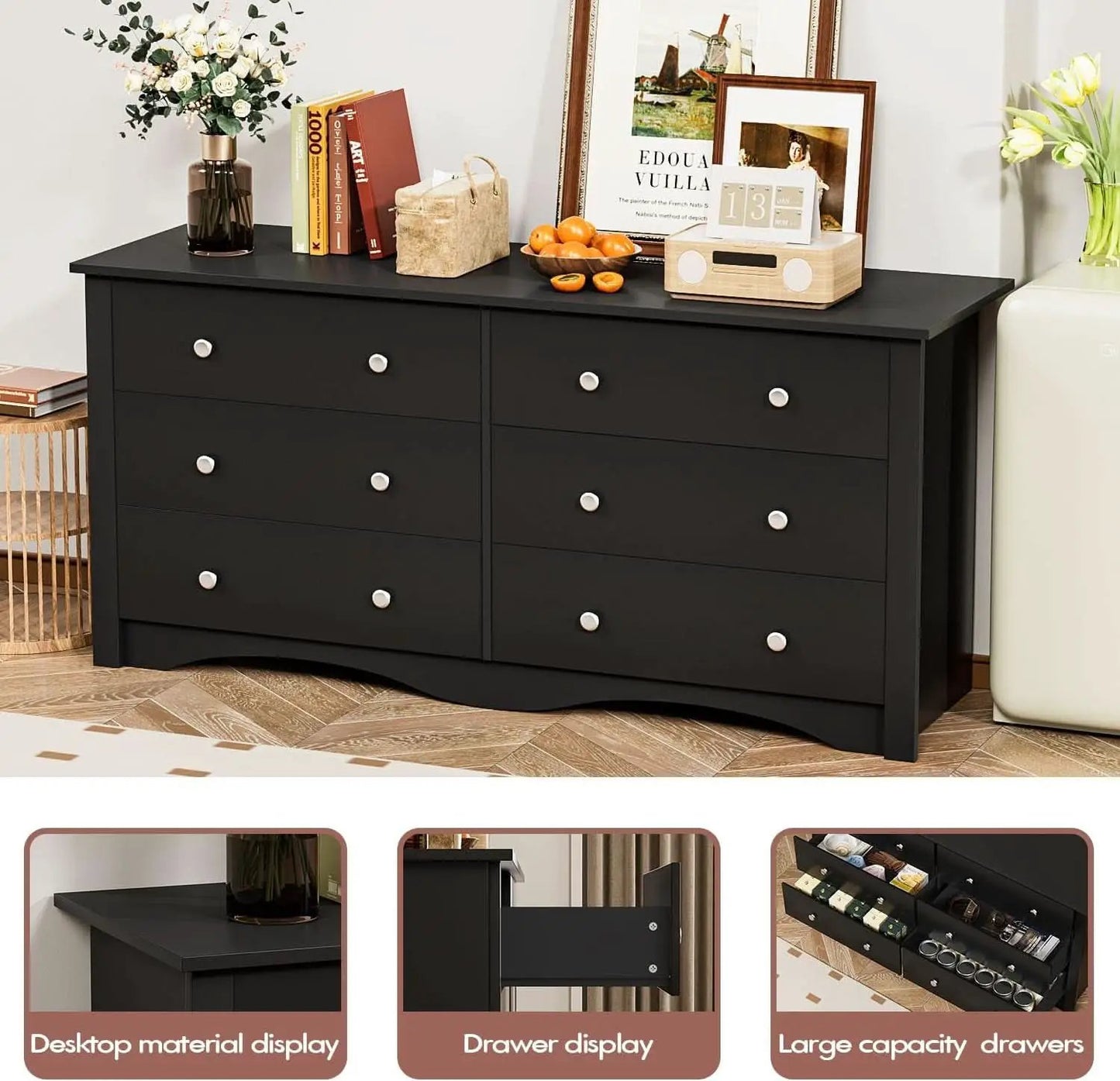 Solid Wood Black Dresser With Six Drawers Contemporary from PriceLows™