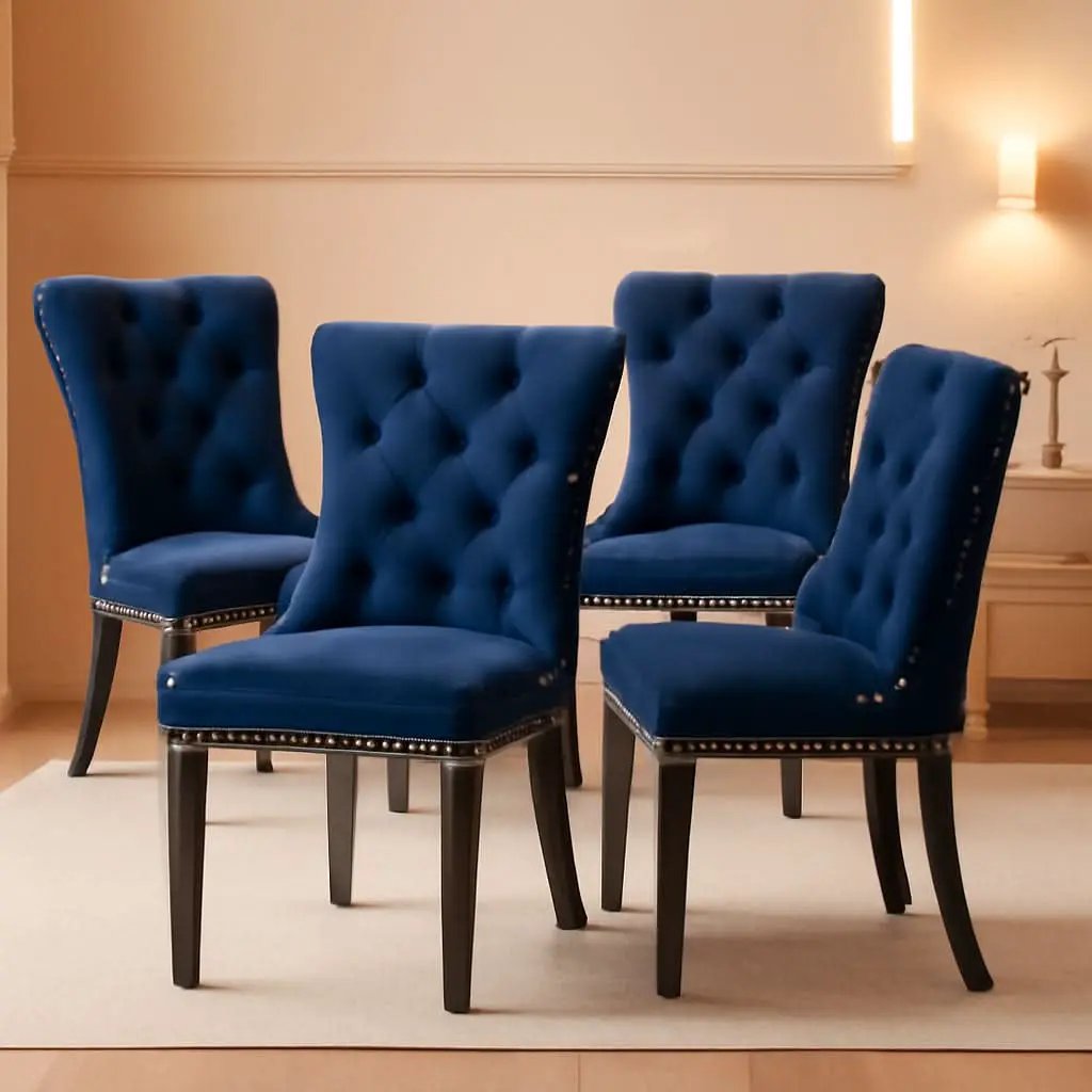 Tufted Velvet Dining Chairs Set of 4 Blue With Nailhead Back from PriceLows™