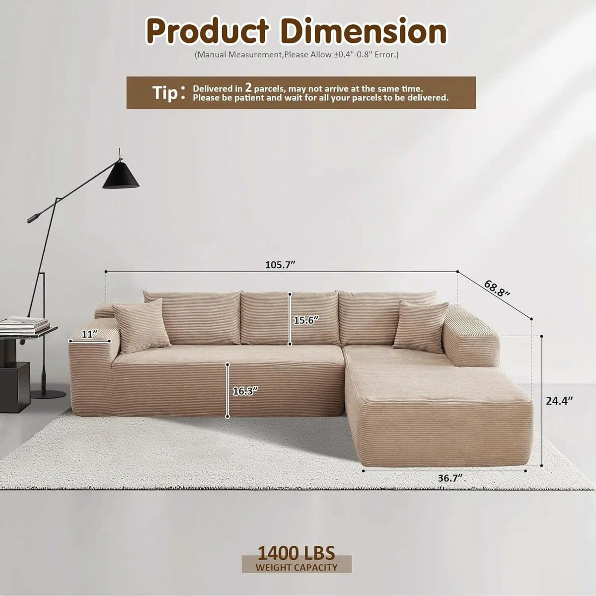 104 Inch Cloud Sectional Couch With L Shaped Chaise Modern Modular Sofa In Camel Corduroy Fabric from PriceLows™