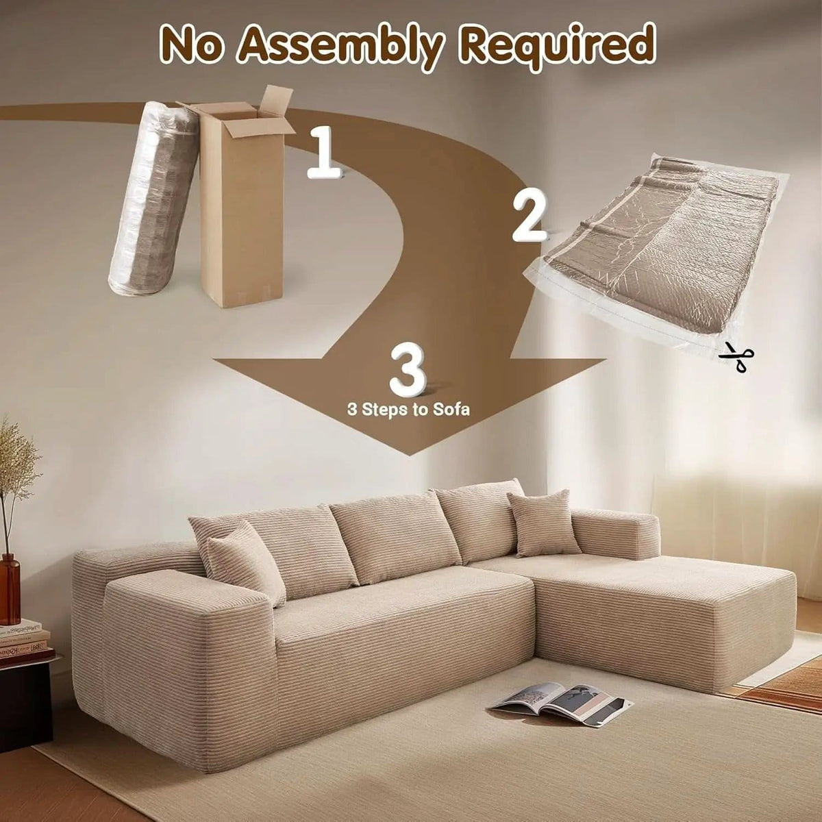 104 Inch Cloud Sectional Couch With L Shaped Chaise Modern Modular Sofa In Camel Corduroy Fabric from PriceLows™
