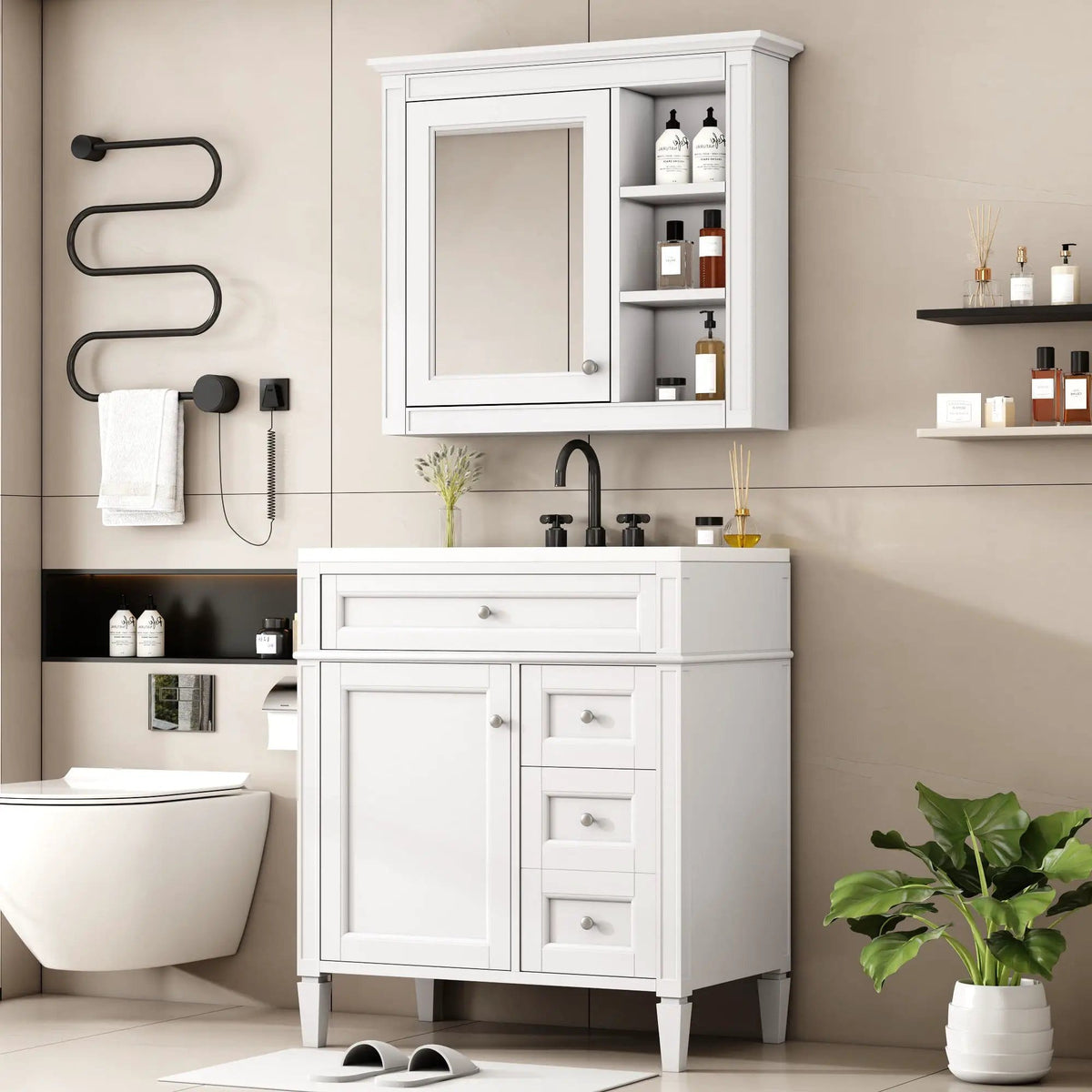 Bathroom Vanity With Top Sink, 2 Doors And 3 Drawers, Freestanding Set With Mirror | Vanity & Cabinet | Solid Wood & Ceramic | Bathroom