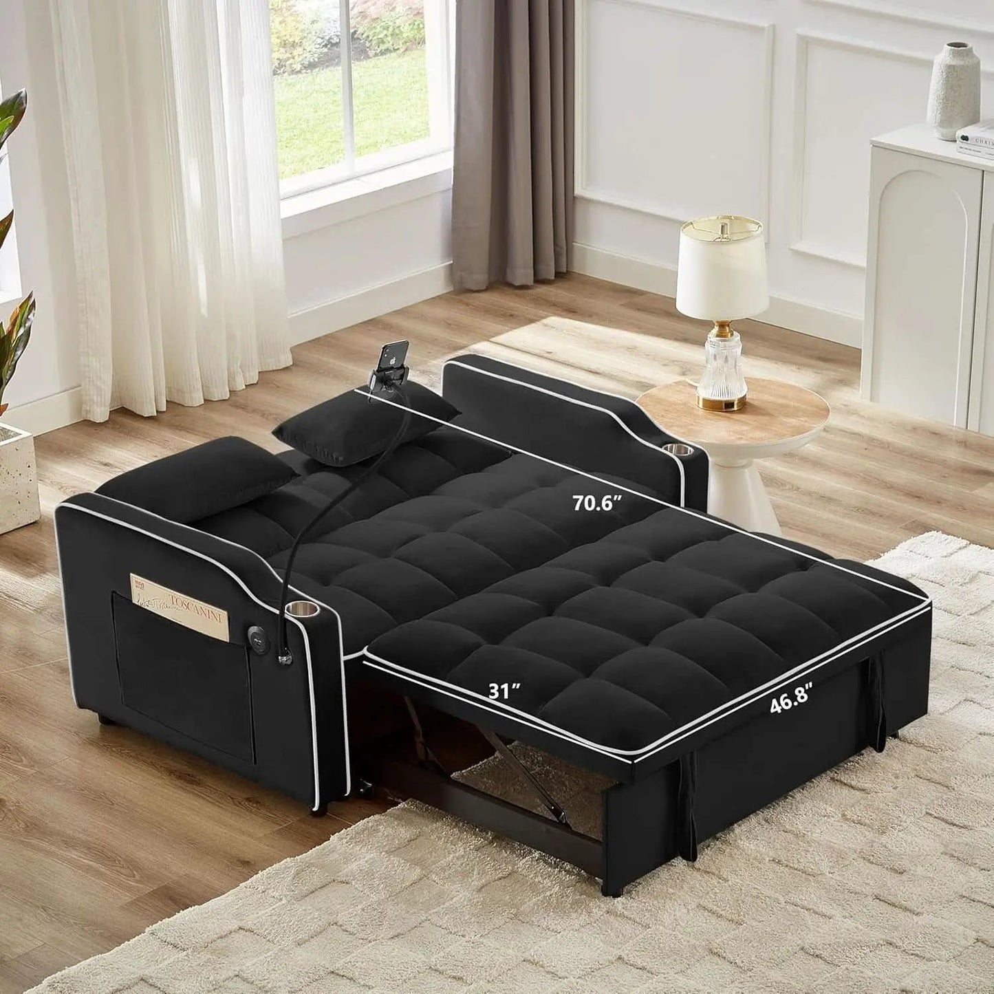 Black Velvet Luxe Sleeper Sofa Bed USB Charging Port from PriceLows™