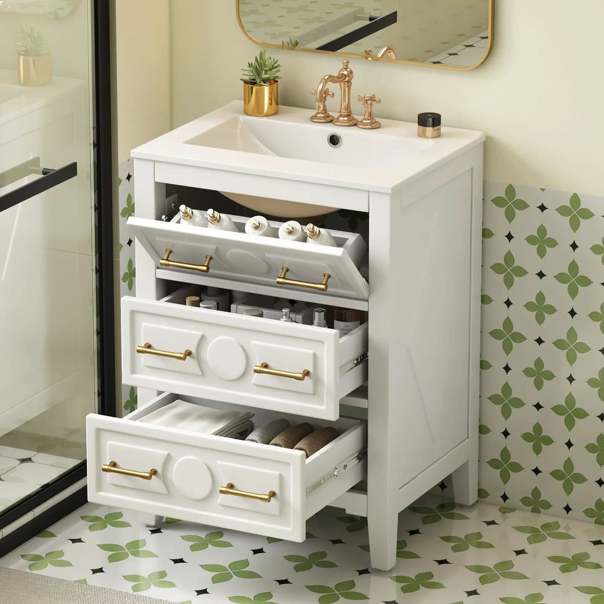 Bathroom Vanity With Sink, Free Standing Single Set, 3 Drawer Storage Cabinet | 2 Pieces | Solid Wood & Ceramic | Bathroom