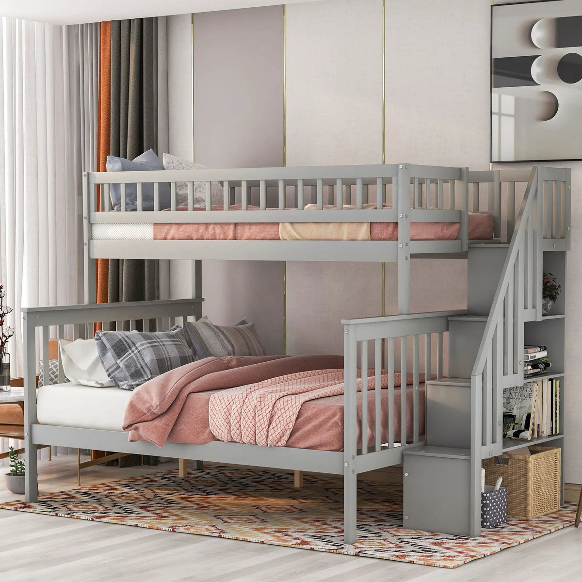 Twin Over Full Bunk Bed | Built In Staircase | Steel Frame