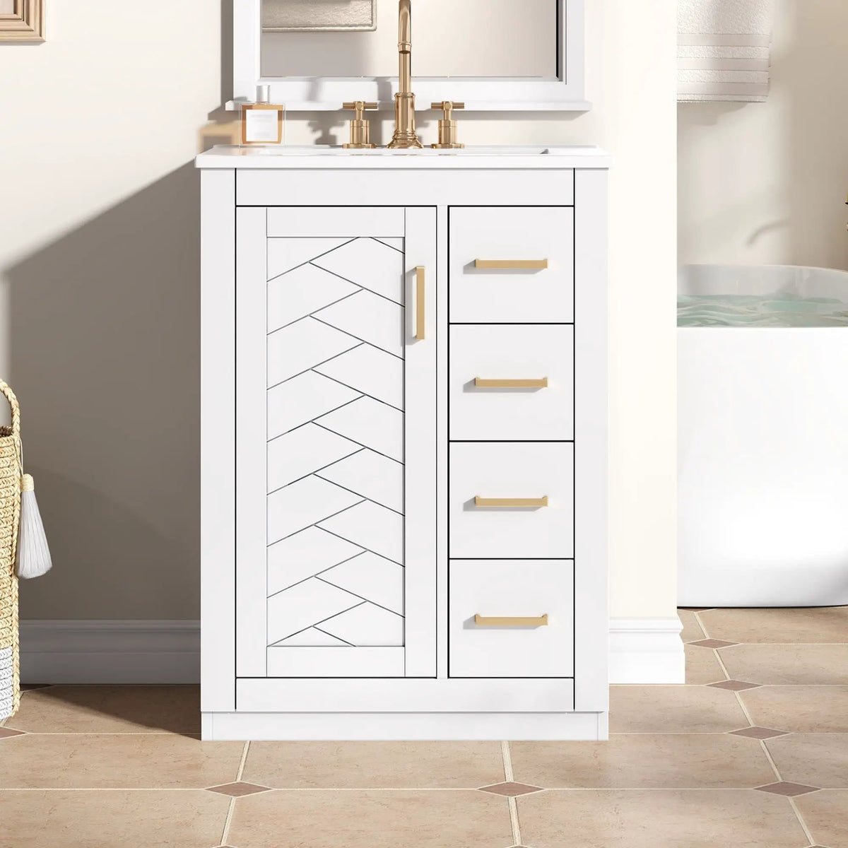 24 Inch Modern Bathroom Vanity | 1 Door 3 Drawers | Ceramic Sink | Compact Footprint