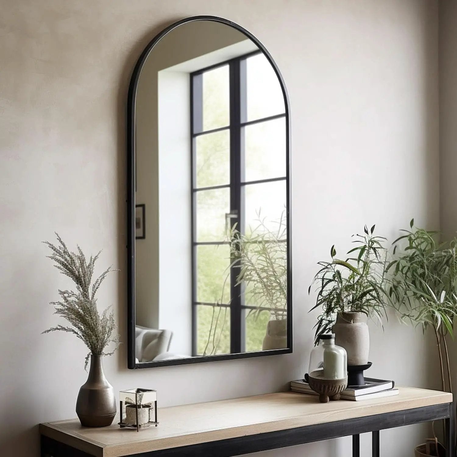 Black Arched Wall Mirror 42x24 Inches With Iron Frame from PriceLows™