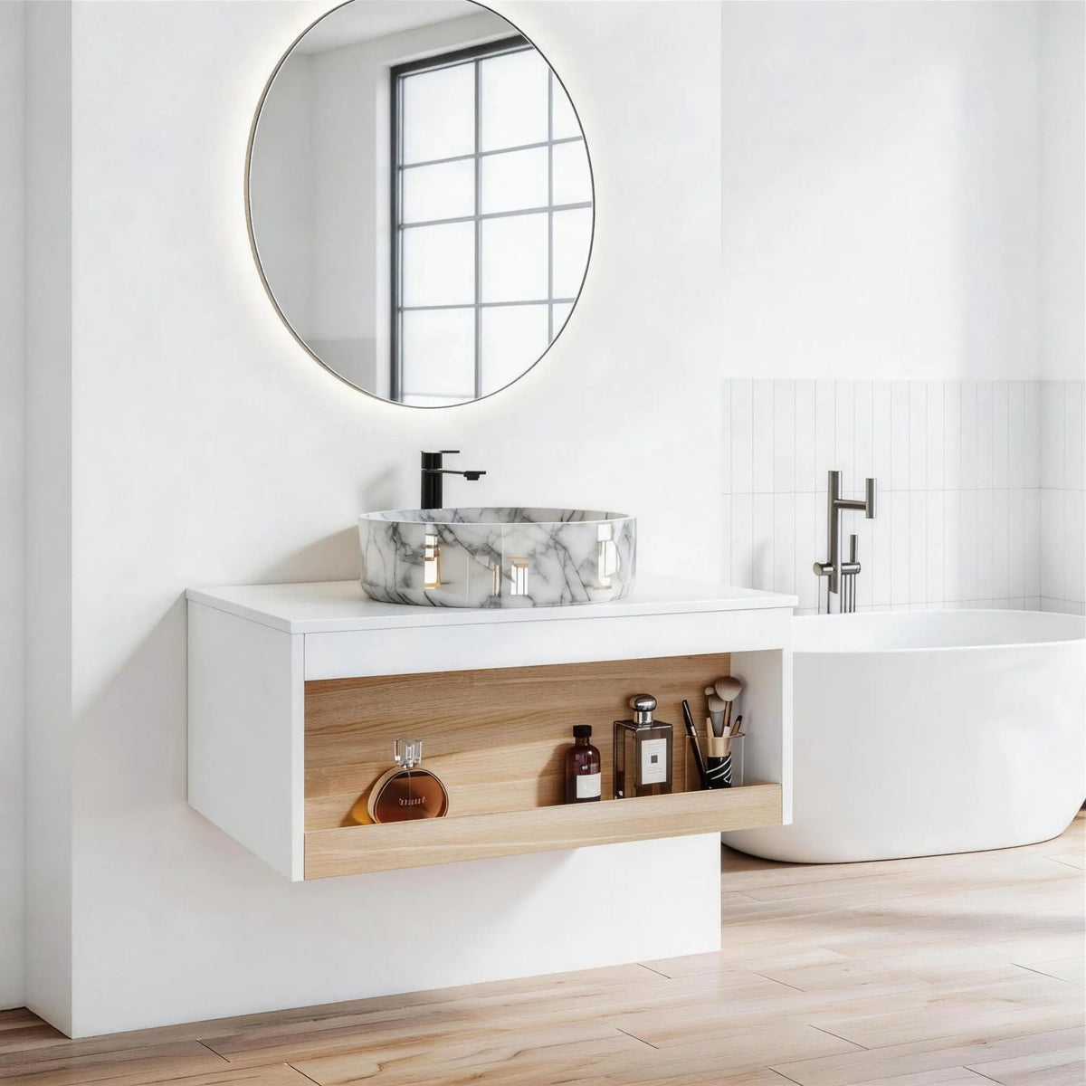 Floating Bathroom Vanity | Wall Mounted | Ceramic Vessel Sink | White