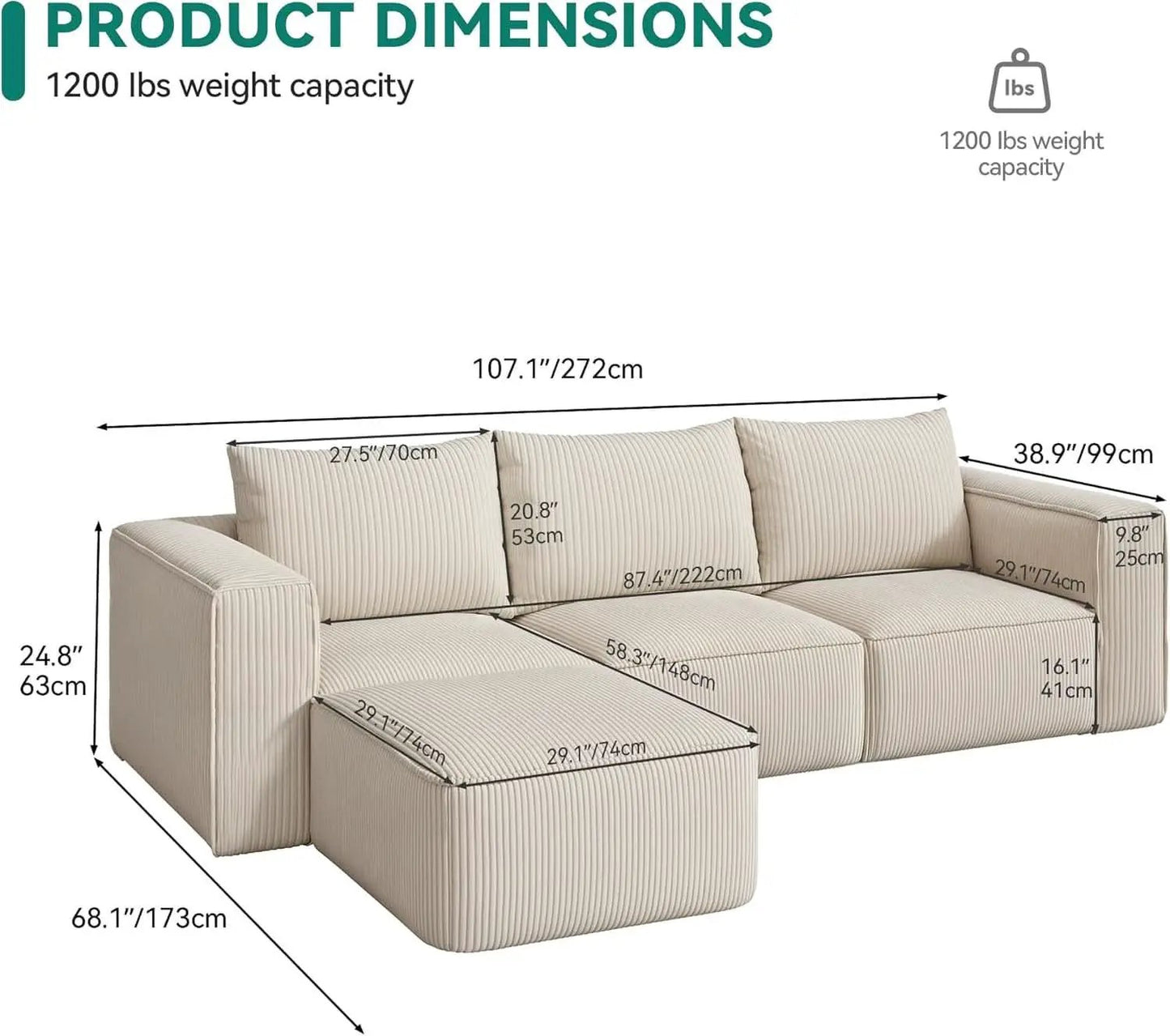 107 Inch Cloud Modular Sofa with Deep Seats Comfort from PriceLows™