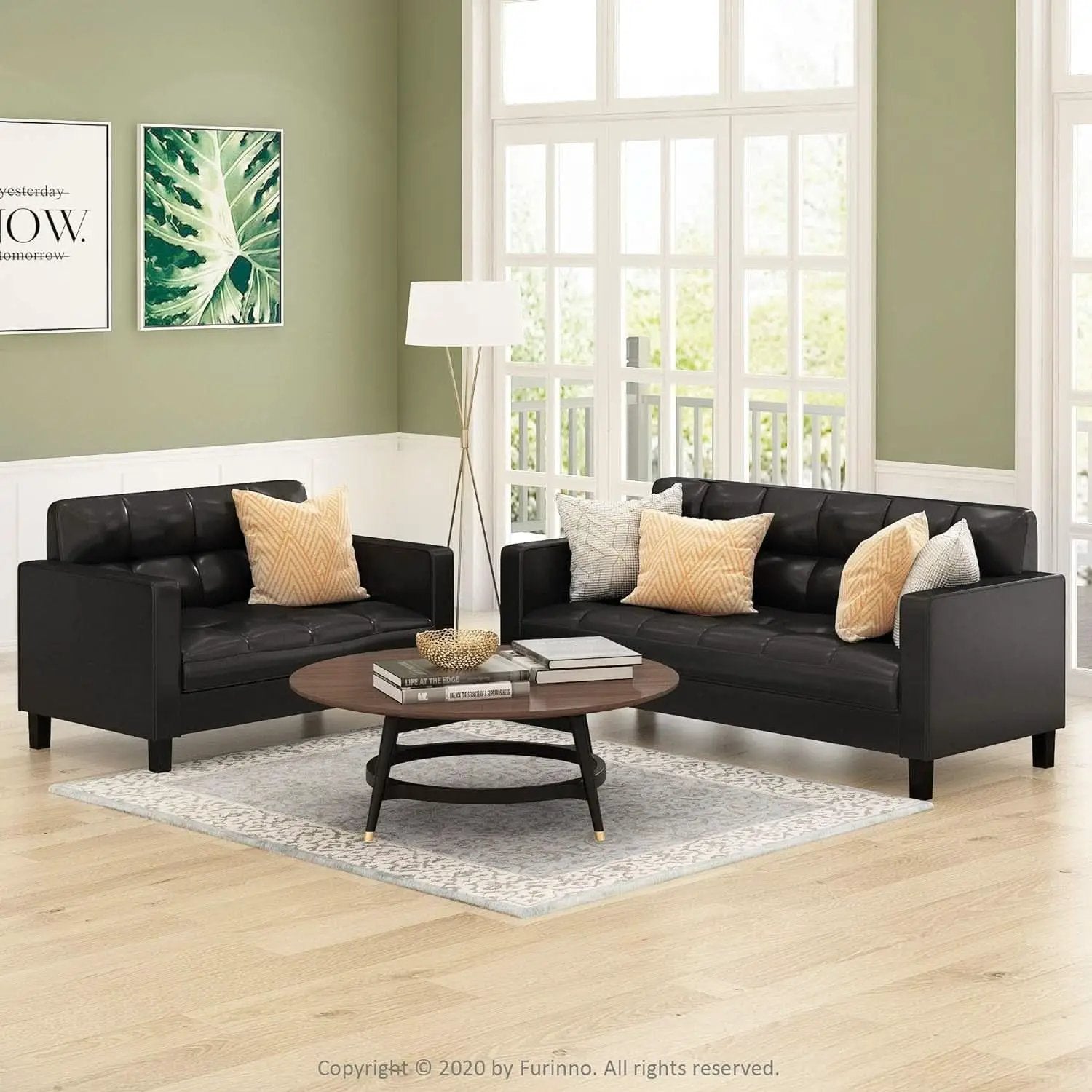 Two Seater Tufted Black Faux Leather Loveseat for Living Room from PriceLows™