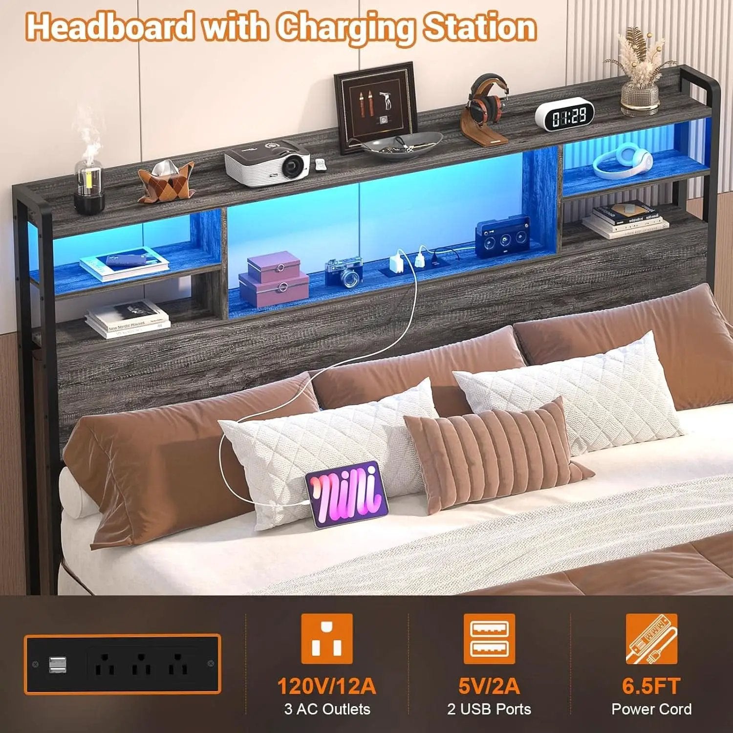 Modern Queen Size Headboard with Storage and USB Ports from PriceLows™
