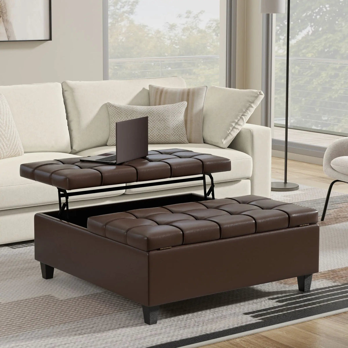 Coffee Table Storage Ottoman | Lift Top Hinge | Solid Wood Base | Large Square