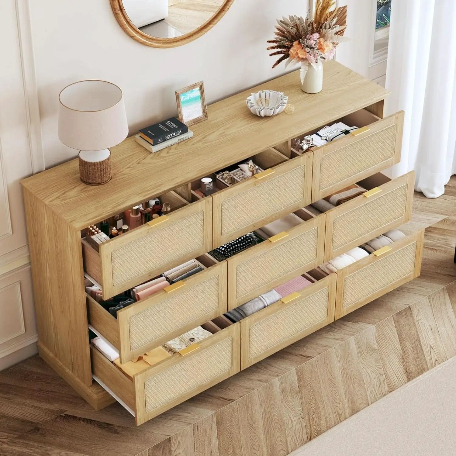 60 Inch SolidOak BohoInspired Dresser With Drawers from PriceLows™