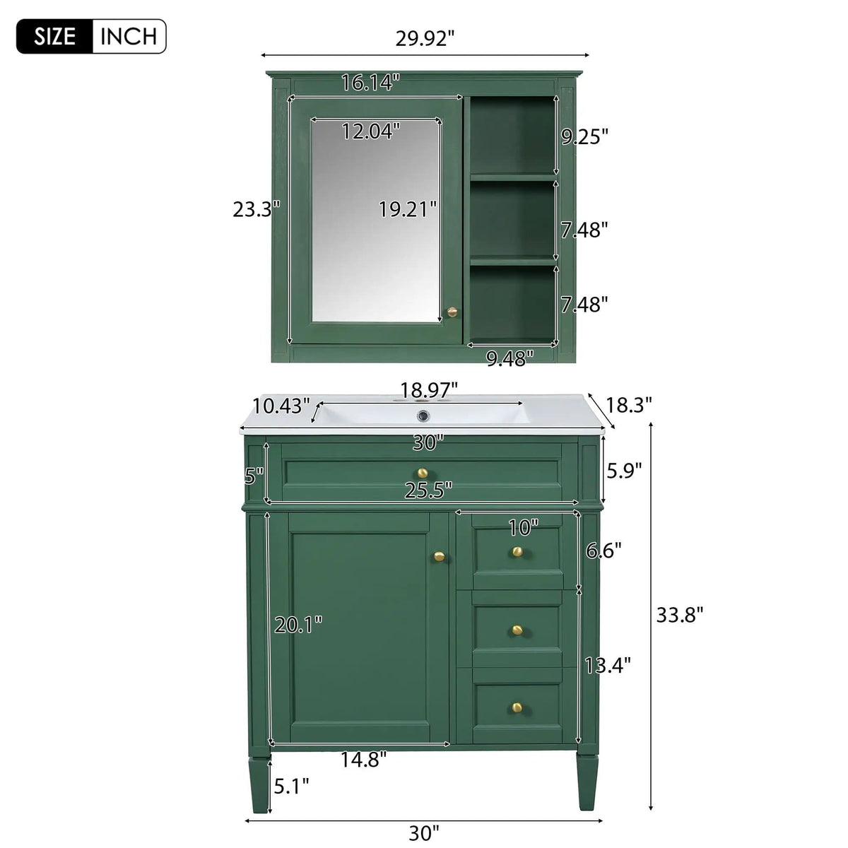 Bathroom Vanity With Top Sink, 2 Doors And 3 Drawers, Freestanding Set With Mirror | Vanity & Cabinet | Solid Wood & Ceramic | Bathroom