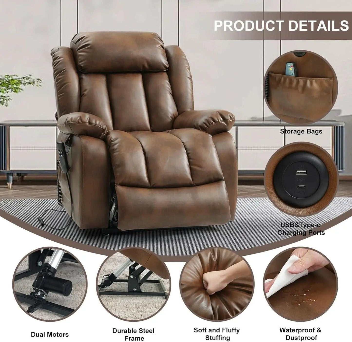 Dual Motor Lift Recliner Leather With Heat Massage from PriceLows™
