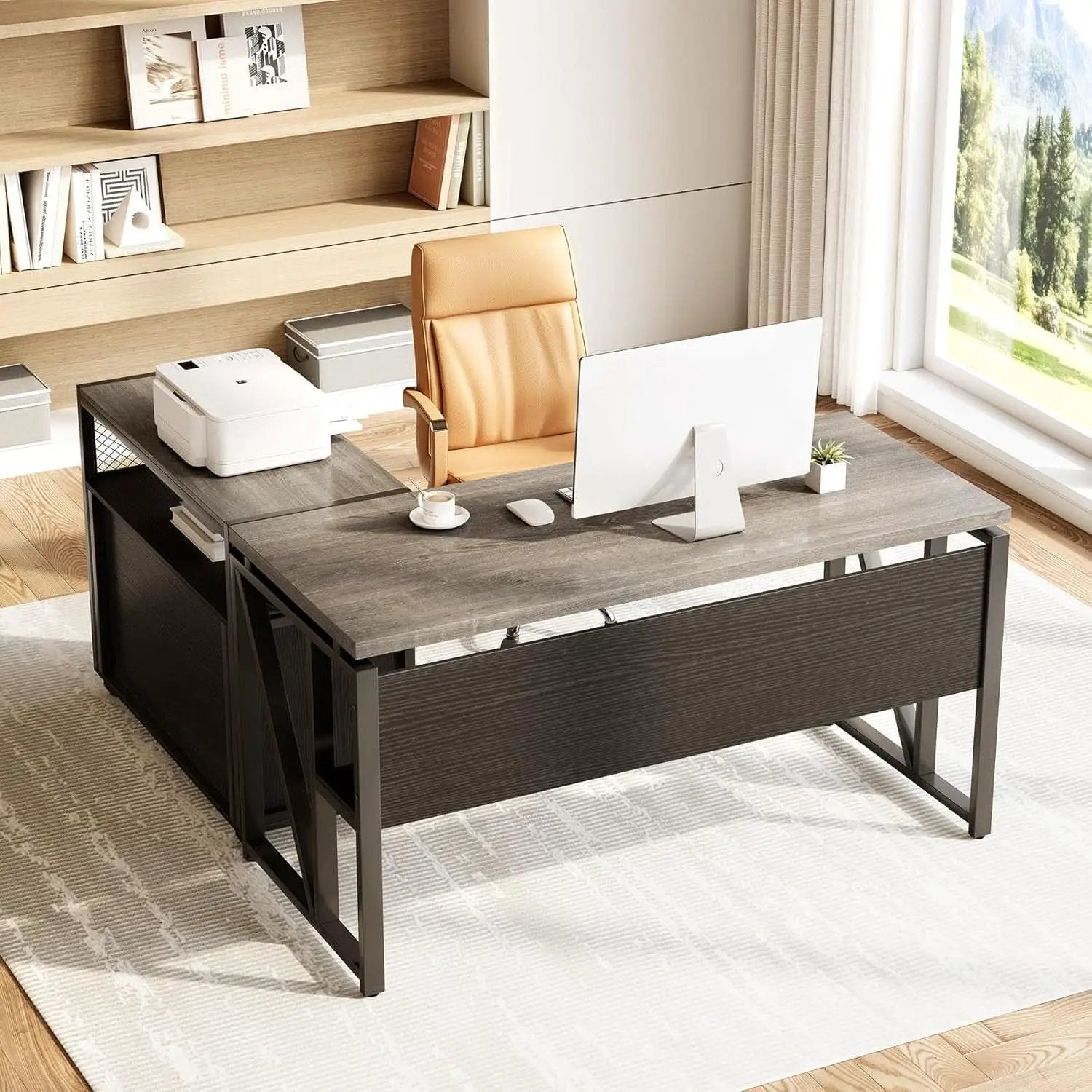 55 Inch L Shaped Office Desk With Grey Filing Cabinet Set from PriceLows™
