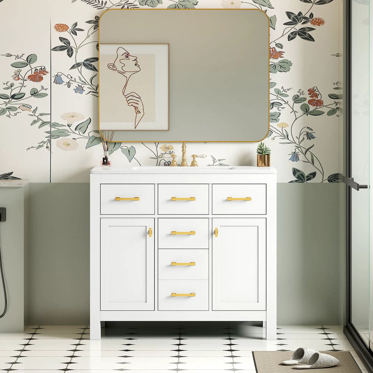 36 Inch Bathroom Vanity | Resin Sink Combo Set | 4 Drawers | Solid Wood Feet