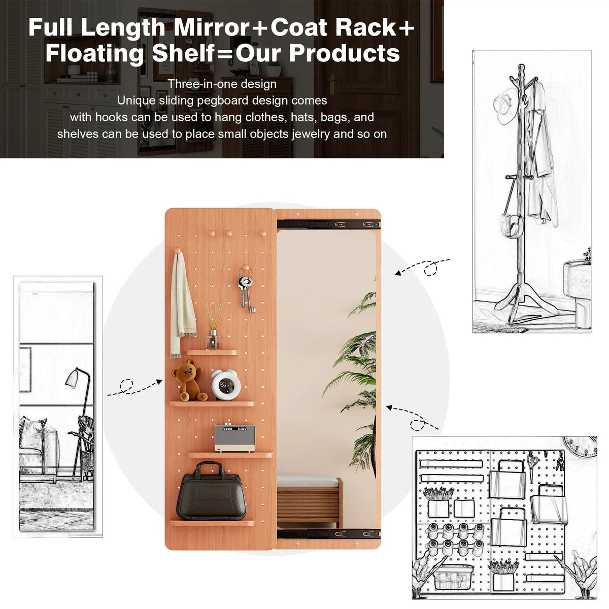 Wall Mounted Full Length Mirror | Shelf And Hook | Solid Rubber Wood | Push-Pull Removable Panel