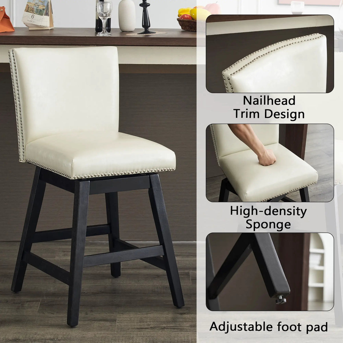 Upholstered Bar Stools | High Back Swivel | Durable PU Leather | Set Two Cream