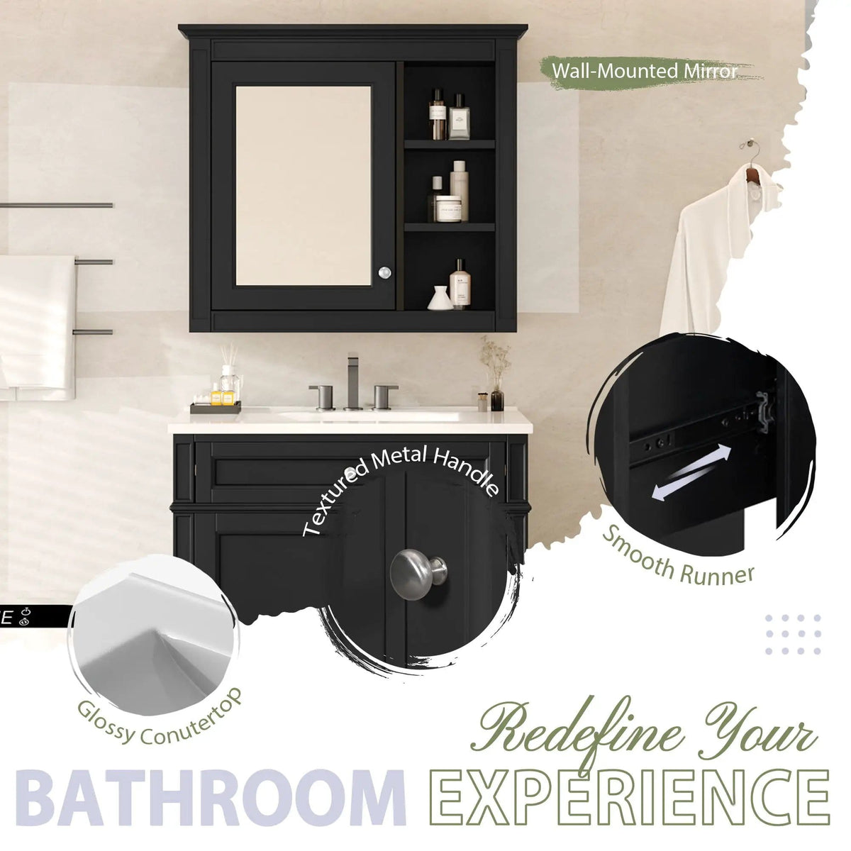 Bathroom Vanity With Top Sink, 2 Doors And 3 Drawers, Freestanding Set With Mirror | Vanity & Cabinet | Solid Wood & Ceramic | Bathroom