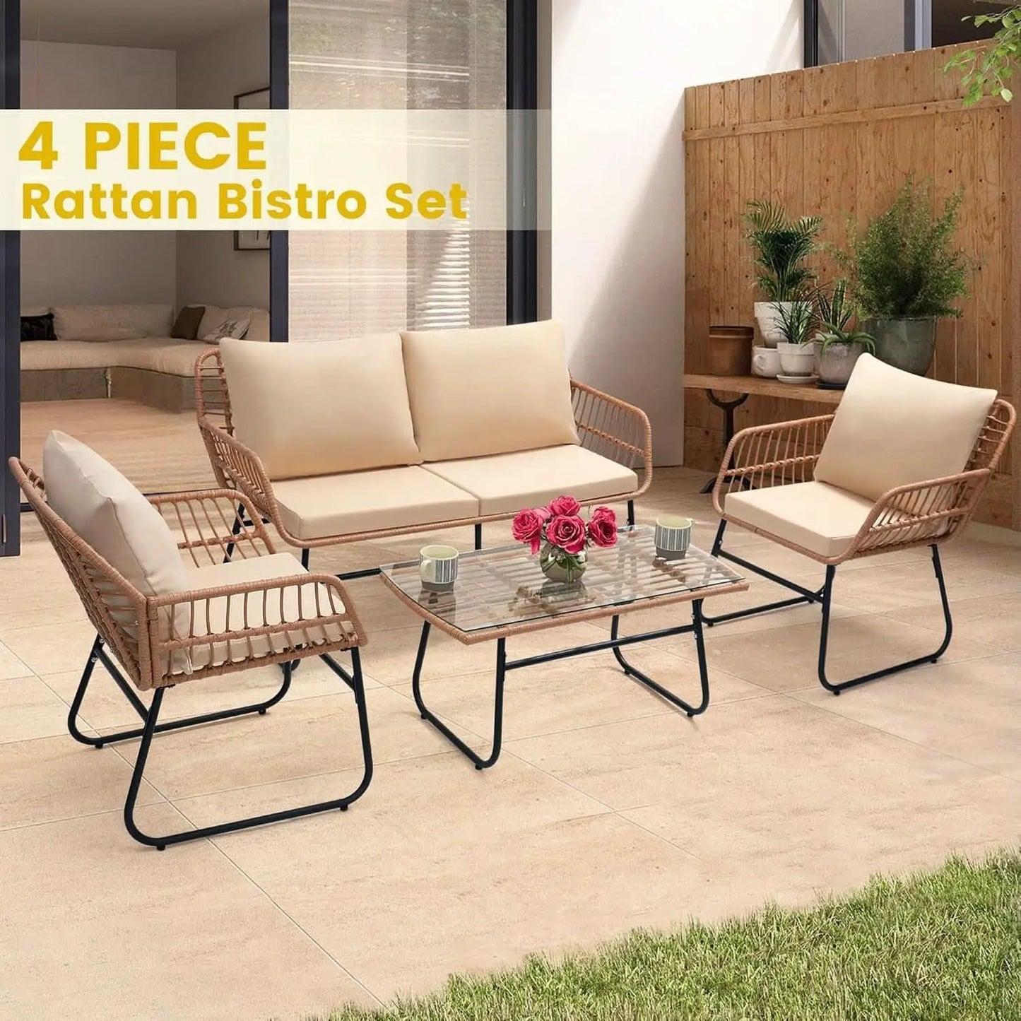 Four Piece Outdoor Wicker Sofa Rattan Chairs Set from PriceLows™