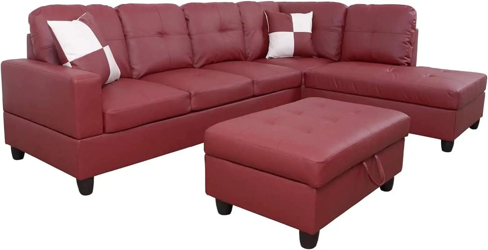 Sectional Sofa Faux Leather L Shaped 103.5 Inch Wide Red from PriceLows™