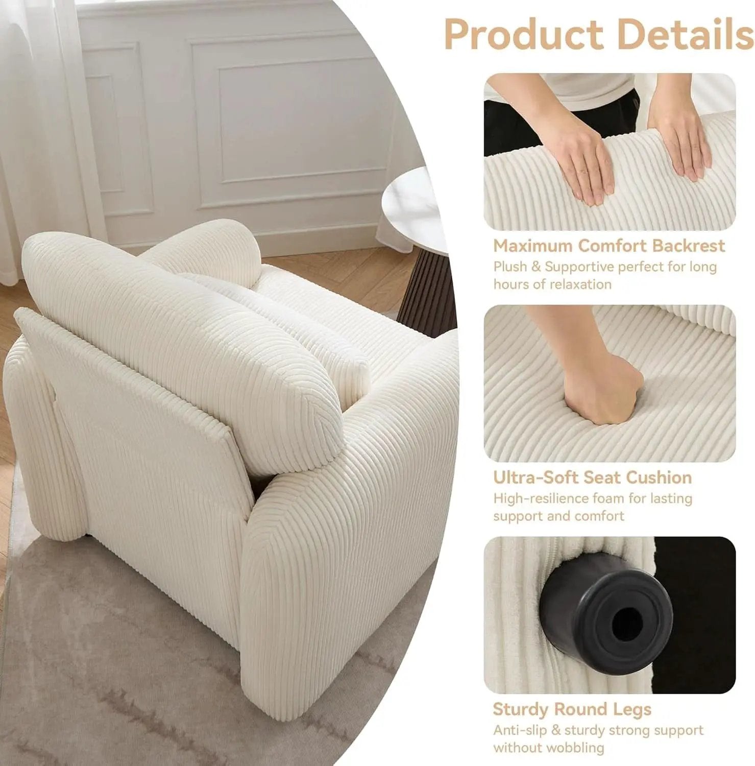 Corduroy Upholstered Accent Chair White Lumbar Pillow from PriceLows™