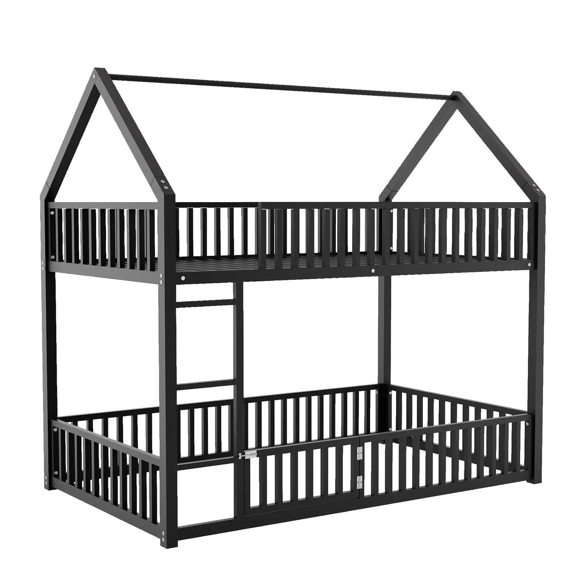 Metal House Bunk Bed | Twin Size | With Fence and Built-In Door