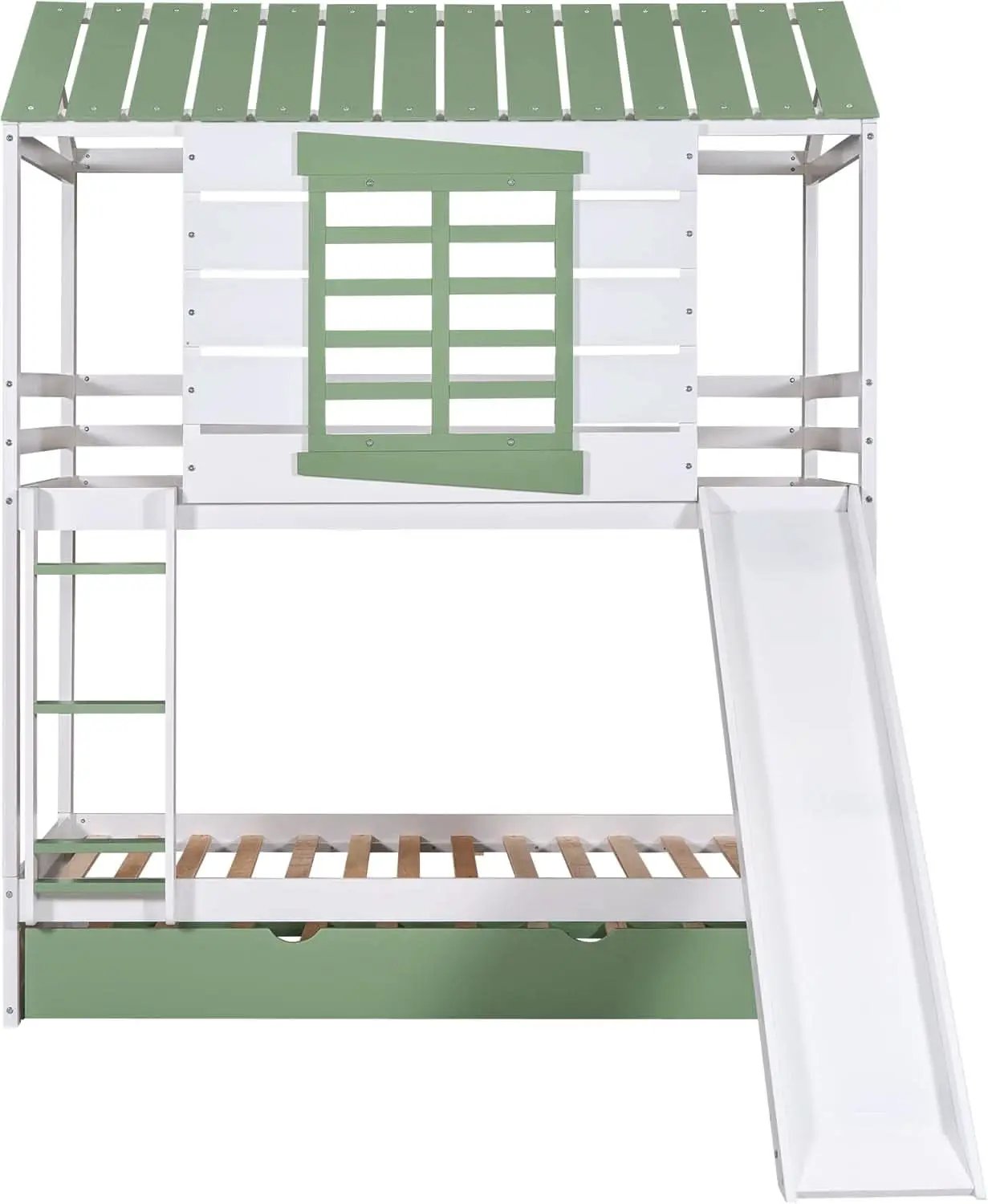 Bunk Bed Twin Over Twin With Slide And Trundle White Green from PriceLows™