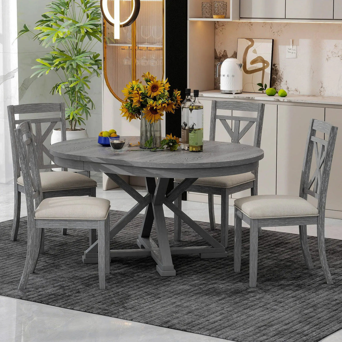 Dining Set | Extendable Round Table | 4 Upholstered Chairs | Linen