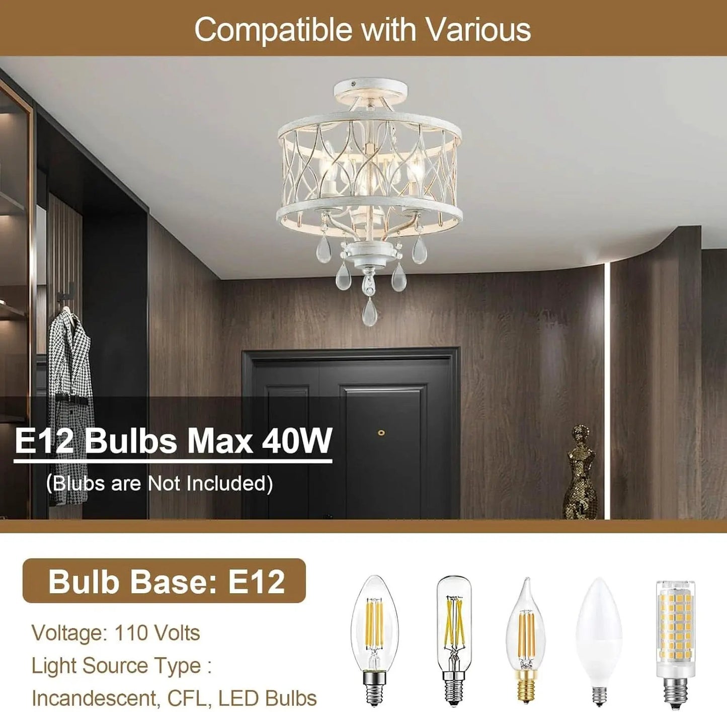 Farmhouse Crystal Ceiling Light Three Light White Fixture from PriceLows™